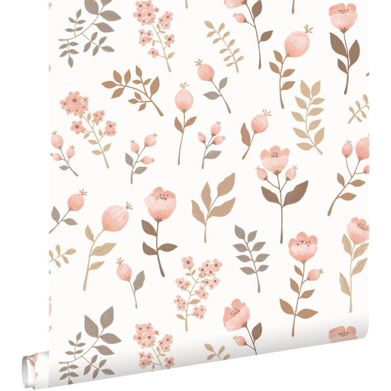 papier peint fleurs rose clair et vert olive grisé - ESTAhome