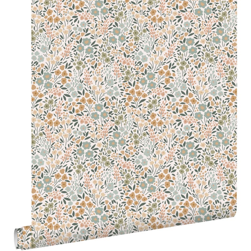 Papier peint fleurs bleu grisâtre, rose terracotta et vert Estahome