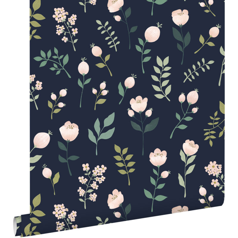 Papier peint fleurs bleu foncé, rose et vert Estahome