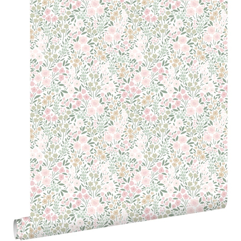Papier peint fleurs rose clair et vert Estahome