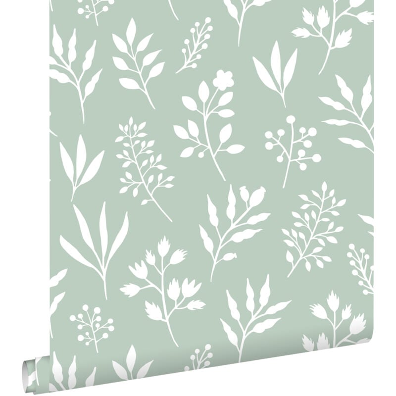 Estahome - papier peint fleurs au style scandinave vert menthe