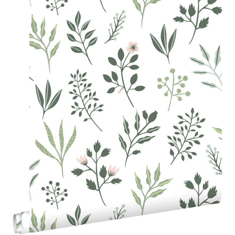 Papier peint fleurs au style scandinave blanc et vert grisé Estahome