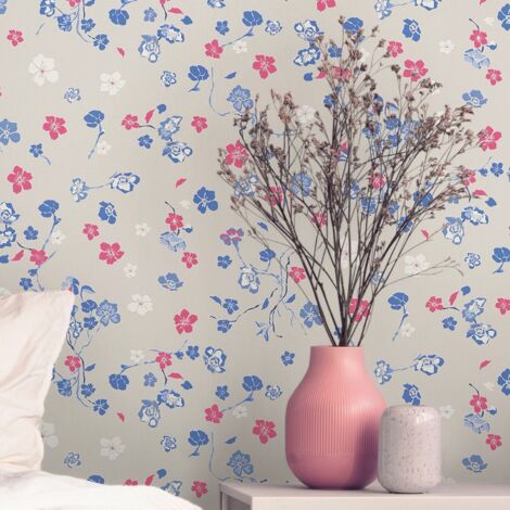 papier peint fleurs beige, bleu, rouge et blanc - Livingwalls