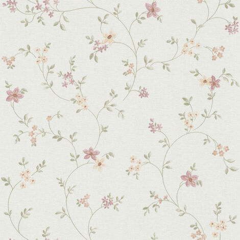 papier peint fleurs beige crème, vert, rose et orange  - Livingwalls