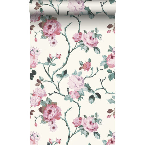 papier peint fleurs blanc cassé et rose clair et vert  - Origin Wallcoverings