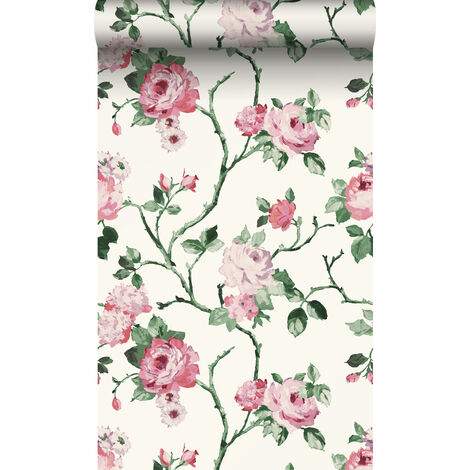 papier peint fleurs blanc crème, rose et vert - Origin Wallcoverings