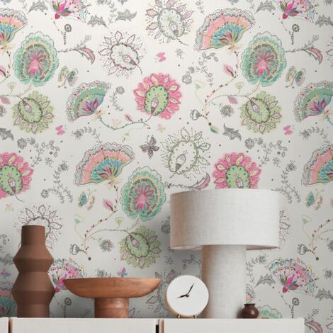 papier peint fleurs blanc, multicolore, rose, vert et bleu - Livingwalls