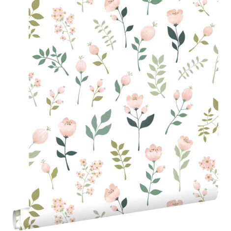 papier peint fleurs blanc, rose et vert  - ESTAhome