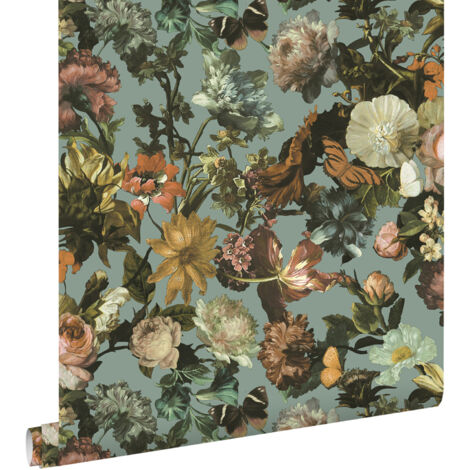 papier peint fleurs bleu gris  - ESTAhome