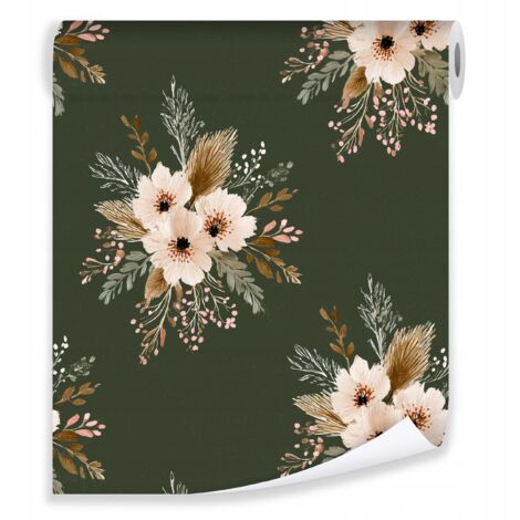 Papier peint fleurs boho vintage feuilles sur molleton mur salon chambre  coucher