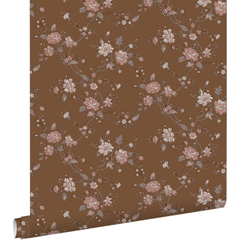 papier peint fleurs brun rouille et rose - ESTAhome