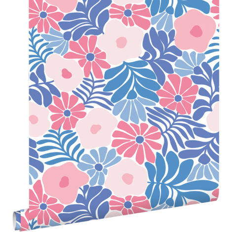 papier peint fleurs dans le style Matisse bleu et rose  - ESTAhome