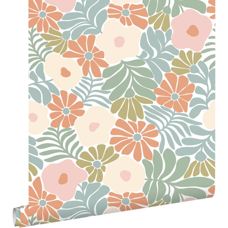 Papier peint fleurs dans le style Matisse turquoise, orange, vert olive grisé et beige Estahome
