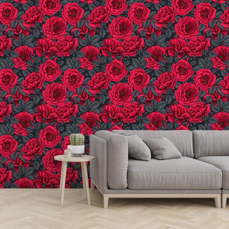 Papier peint fleurs de roses rouges
