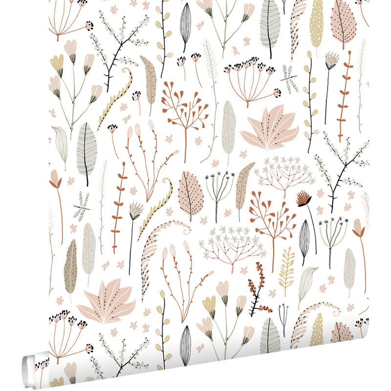 Papier peint fleurs des champs rose clair, gris et terracotta Estahome