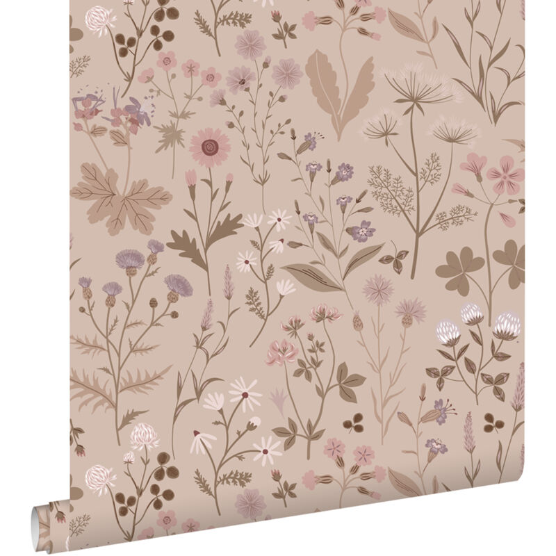 papier peint fleurs des champs vieux rose et violet - ESTAhome