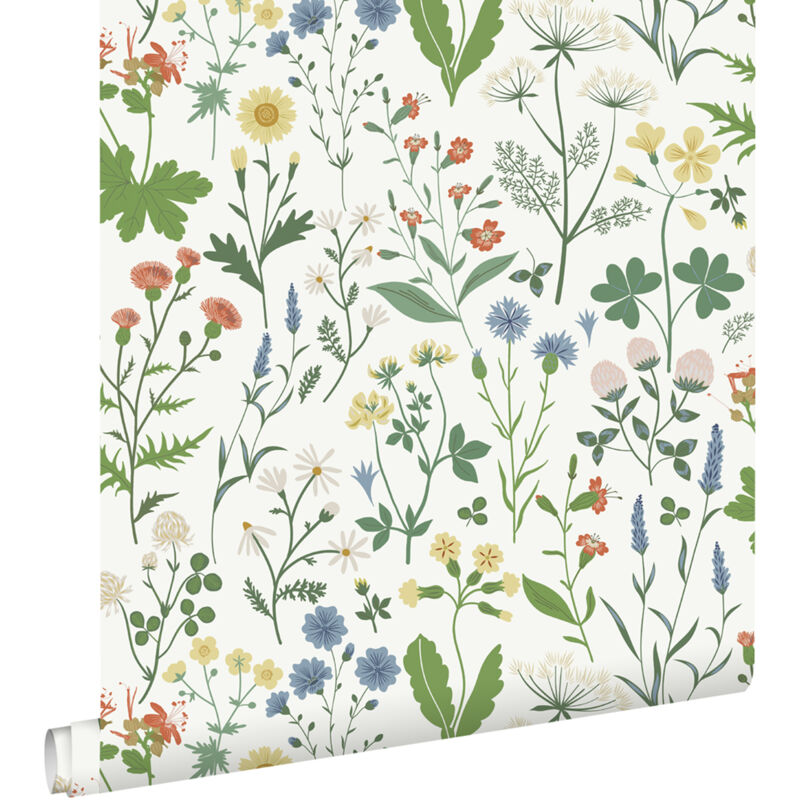 papier peint fleurs des champs multicolore sur blanc - ESTAhome
