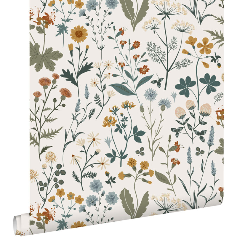 Papier peint fleurs des champs jaune ocre, vert grisé et vintage bleu Estahome