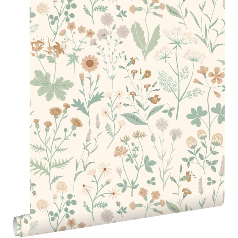 Papier peint fleurs des champs vert, terracotta et violet Estahome