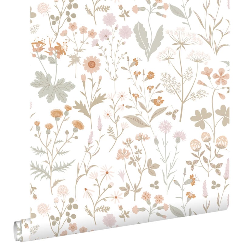 Papier peint fleurs des champs vert et rose terracotta Estahome