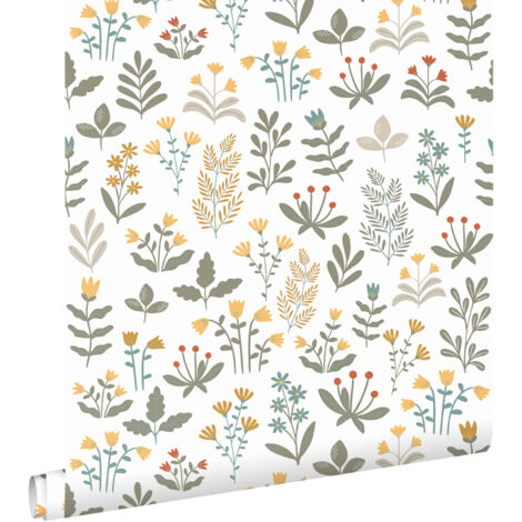 papier peint fleurs des champs vert foncé et jaune  - ESTAhome