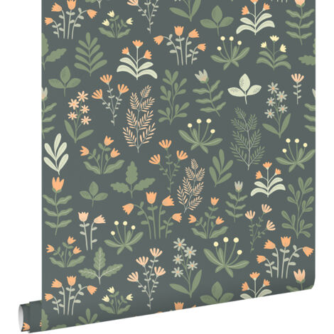 papier peint fleurs des champs vert grisé et orange  - ESTAhome