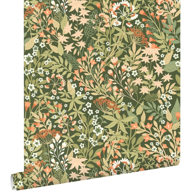 Estahome - papier peint fleurs des champs vert et orange
