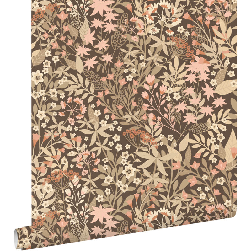 Papier peint fleurs des champs marron et rose Estahome