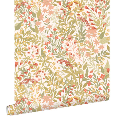 papier peint fleurs des champs vert, rose et jaune ocre - ESTAhome
