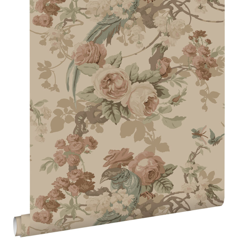 Papier peint fleurs et oiseaux beige Estahome