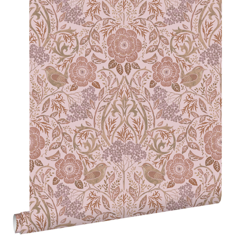Papier peint fleurs et oiseaux lilas violet et rose terracotta Estahome