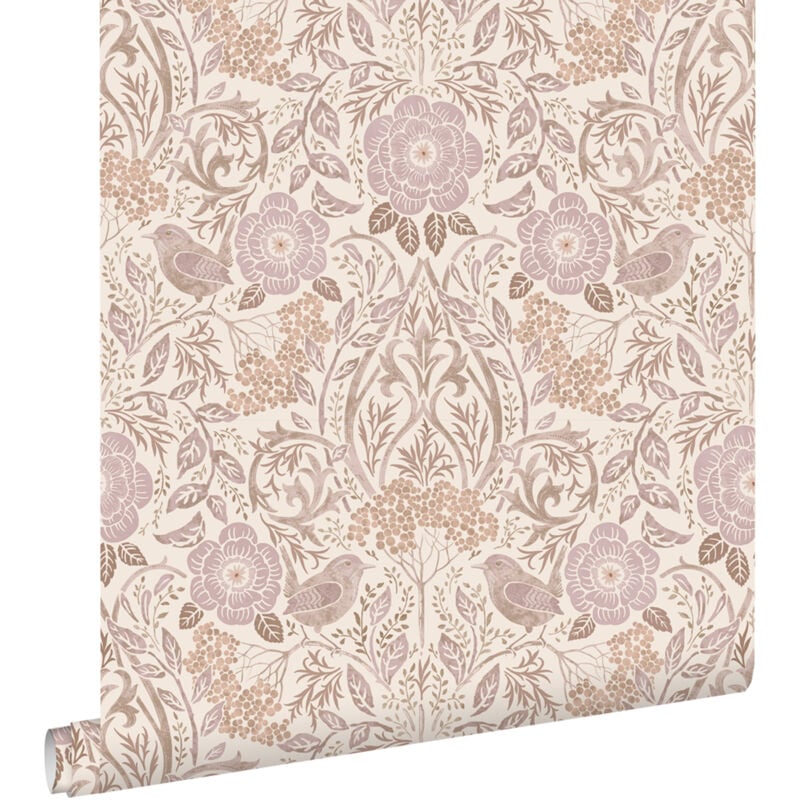 Papier peint fleurs et oiseaux sable beige et lilas violet Estahome