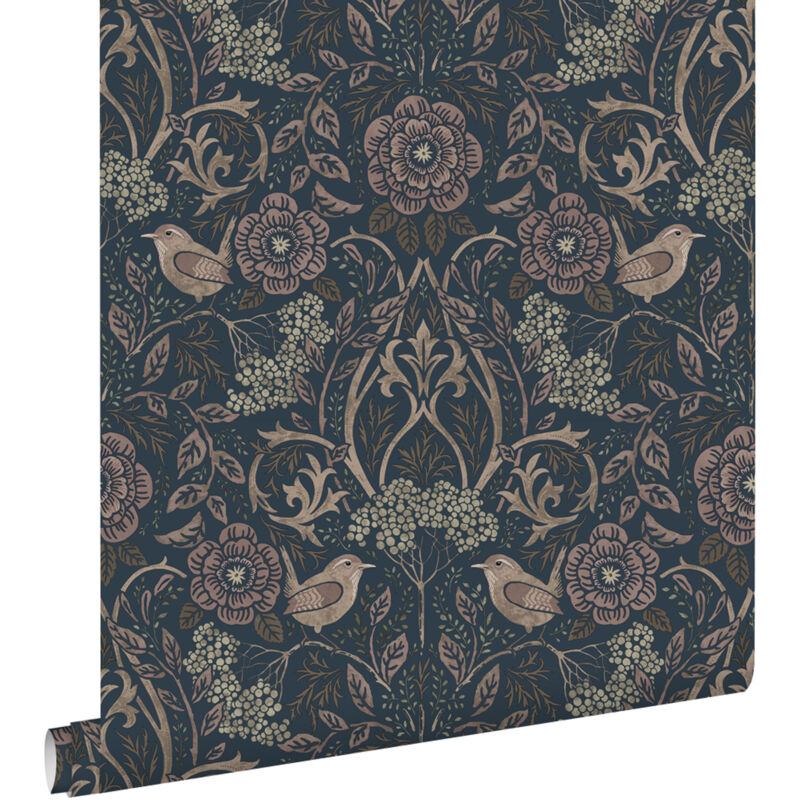 papier peint fleurs et oiseaux bleu foncé et vieux rose - ESTAhome