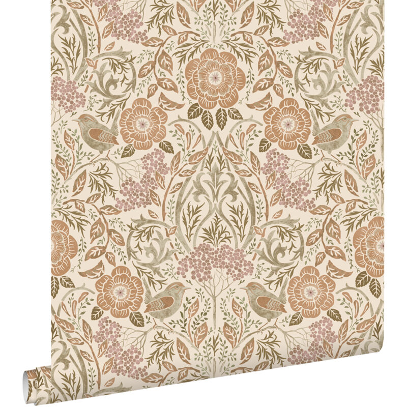 Papier peint fleurs et oiseaux de style art nouveau couleur sable, beige et vieux rose Estahome