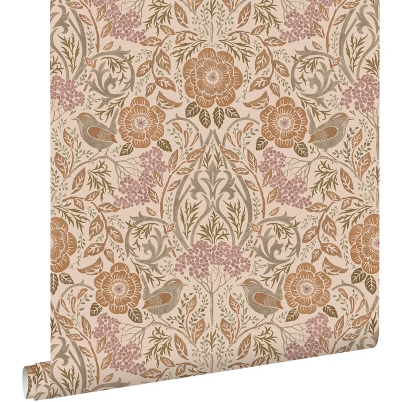Papier peint fleurs et oiseaux de style art nouveau beige, terracotta et vieux rose Estahome
