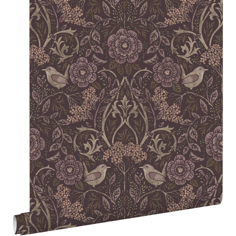 Estahome - papier peint fleurs et oiseaux violet aubergine