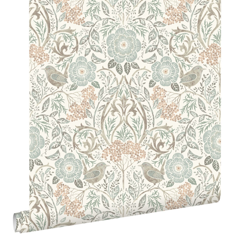 Papier peint fleurs et oiseaux de style art nouveau vert grisé, marron et rose pêche Estahome