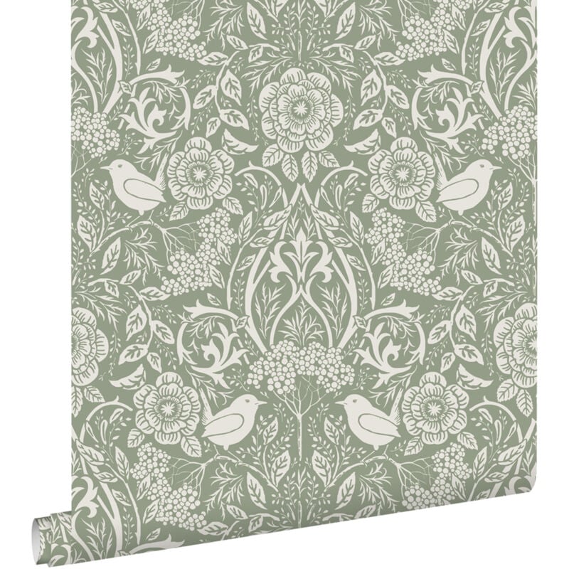 Papier peint fleurs et oiseaux de style art nouveau vert grisé Estahome