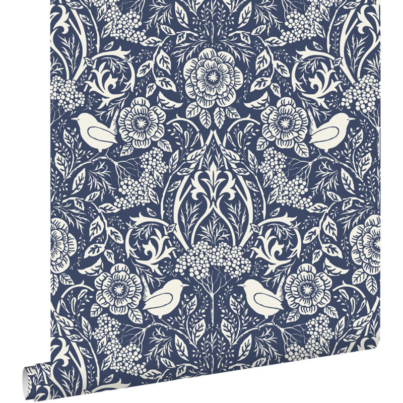 Papier peint fleurs et oiseaux de style art nouveau bleu foncé Estahome
