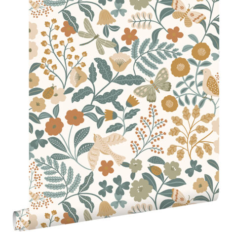 papier peint fleurs et oiseaux bleu grisâtre, vert olive grisé et jaune ocre - ESTAhome