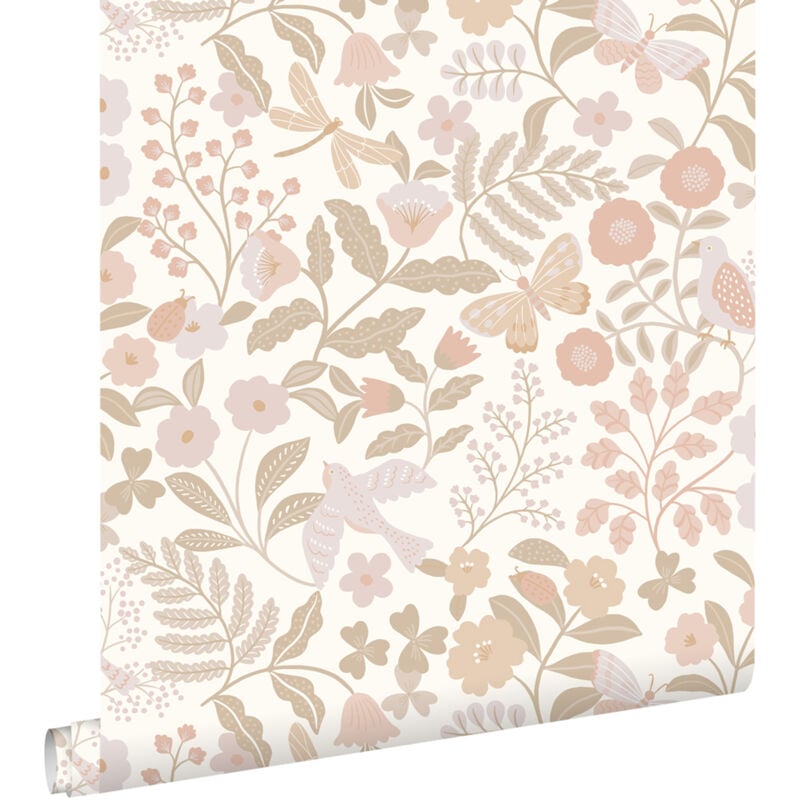 Papier peint fleurs et oiseaux blanc, beige et rose clair Estahome