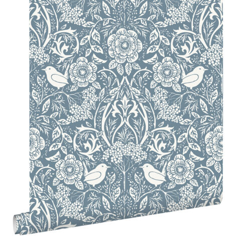 papier peint fleurs et oiseaux de style art nouveau bleu gris  - ESTAhome
