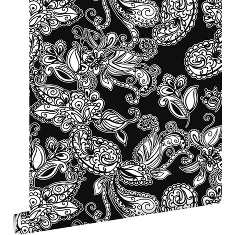papier peint fleurs et paisleys noir et blanc - ESTAhome