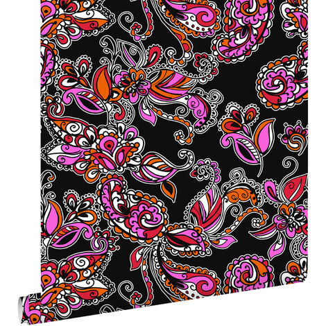 papier peint fleurs et paisleys noir et rouge  - ESTAhome