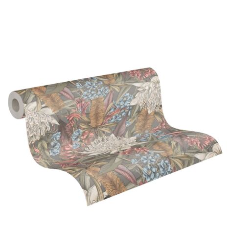 papier peint fleurs gris, rose, vert, bleu et blanc  - Livingwalls