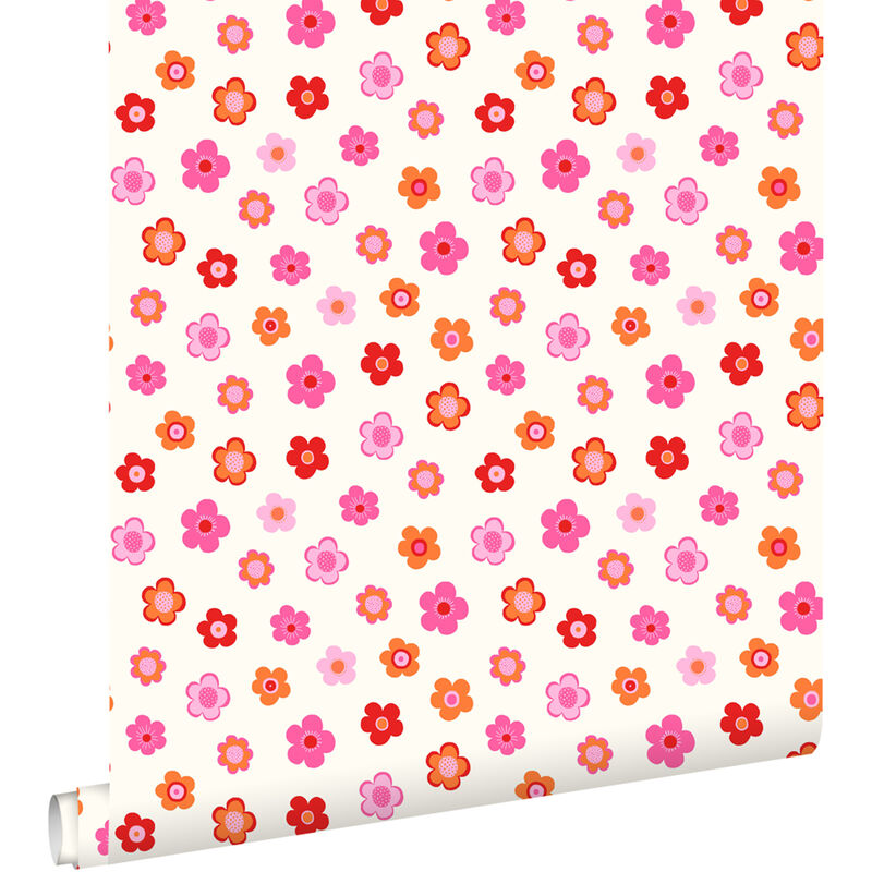Papier peint fleurs intage rose, corail rouge et orange Estahome
