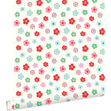 papier peint fleurs intage bleu clair, vert et rouge  - ESTAhome