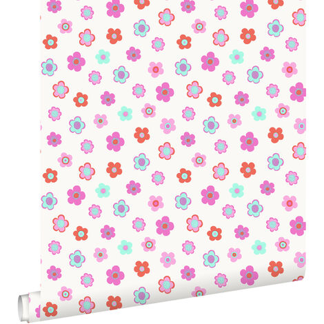 papier peint fleurs intage rose, turquoise et corail rouge  - ESTAhome