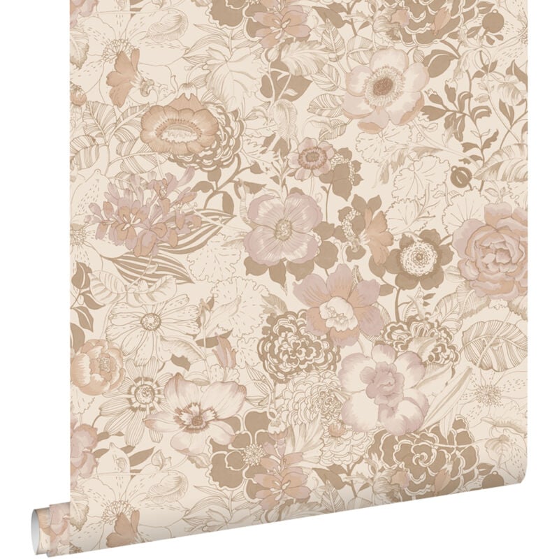 papier peint fleurs vintage beige et vieux rose - ESTAhome