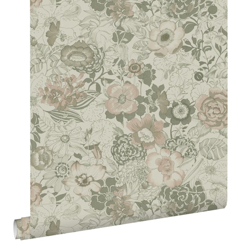 papier peint fleurs vintage vert grisé - ESTAhome